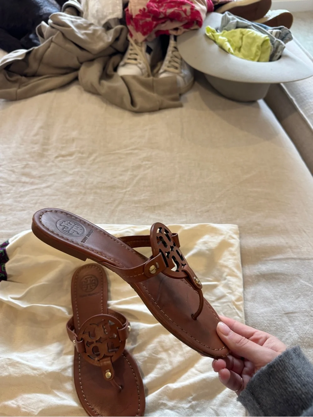 Tory Burch Brown Leather Miller Thong Sandals with Logo Medallion